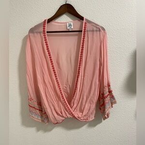 Ivy Jane Pink Drape Blouse with Embroidered Sleeves